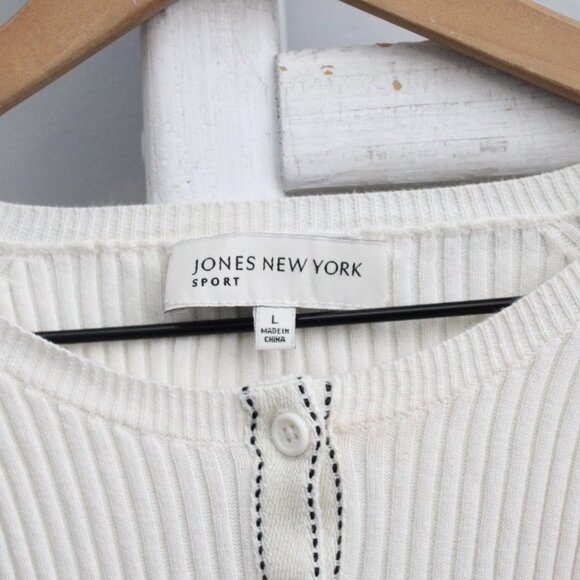 Jones New York VTG Y2K Cream Cotton Ribbed Button Cardigan Sweater Size Large - Picture 3 of 9